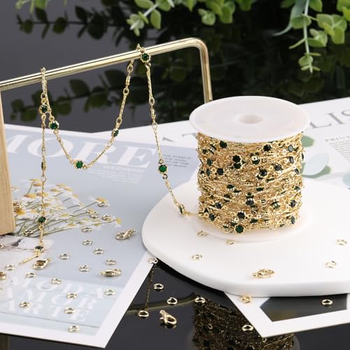 SMYHTGLIF 16.4 Feet Emeralds Glass Jewelry Making Chains Gold Plated Stick Chain DIY Chain with Lobster Clasps and Jump Rings for Jewelry Making - color: Green Gold