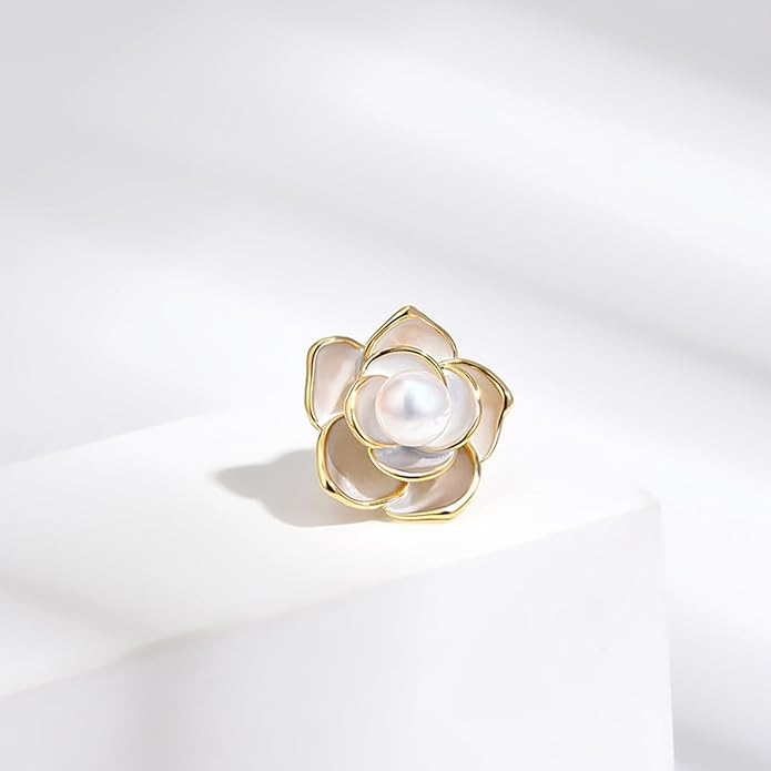 Pearl Flower Brooch for Women - Gold Plated Pearl Flower Pin Rhinestone Buttons Lapel Pin Jewelry - Valentine's Day Gift