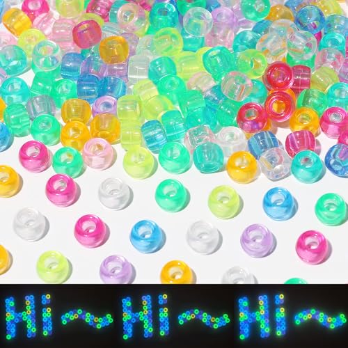 1000pcs Glow in Dark Pony Beads Bulk for Bracelets,6 * 9mm Large Hole Colored Kandi Beads for Hair and Keychain Making,Friendship Necklace and DIY Crafts（Mixed Glow） - color: Mixed glow