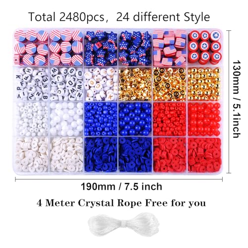 2480pcs President's Independence Day Polymer Clay Beads Charms Friendship Bracelet Necklace Earring Jewelry Making kit, Accessories for Arts Crafts DIY Birthday Gifts for Girls Children American Flag - color: C8#President's Independence Day