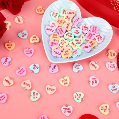 Augshy 64 Pcs Valentine Heart Charms Conversation Heart Resin Charms Conversation Heart Beads Flat Heart Pendant for Valentine's Day DIY Craft Bracelet Necklace Jewelry Making - style: Valentine Style