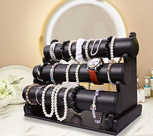 ChezMax Triple Tier Jewery Display Removable Bracelet Holder Jewelry Stand Necklace Stand Jewelry Towers and Watch Holder for Home Organization - color: A- Black PU Leather