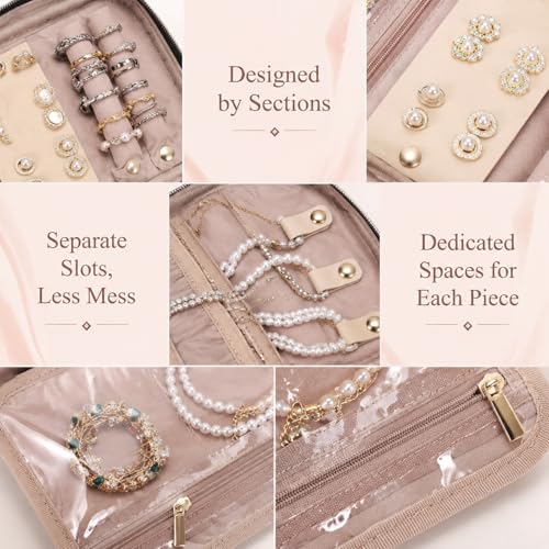 Jewelry Travel Case Organizer for Necklaces, Earrings, Rings, Bracelet, Watch, Soft Sided, Red Sandalwood - color: Rosewood Pink
