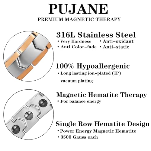 Magnetic Hematite Bracelets for Men Women 316L Stainless Steel Power Balance Energy Magnets Stones Bracelet Jewelry Gift with Adjustment Tool - color: Silver & Rose Gold