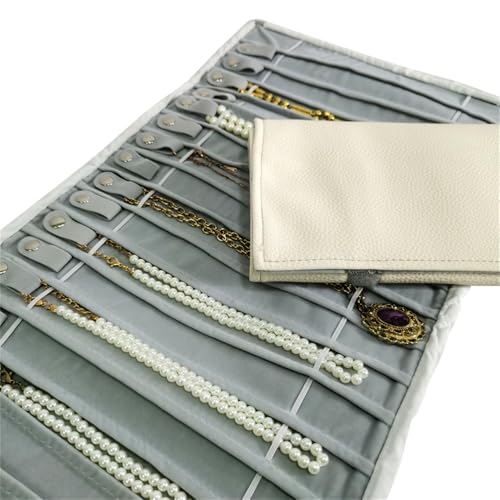 Portable Jewelry Roll Untangled Secure Necklace Travel Storage Bag Displays Holder 16 Chain (Gray PU and Gray Velvet) - color: Gray PU and Gray Velvet