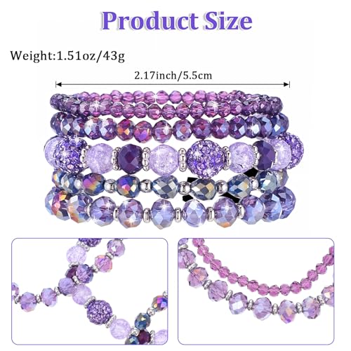 5Pcs Beaded Bracelets for Women, Bohemian Glass Faceted Crystal Beads Bracelet, Stackable Boho Disco Ball Stretch Bracelets, Multilayered Purple Jewelry Gift for Women, Mother's Day - color: Purple