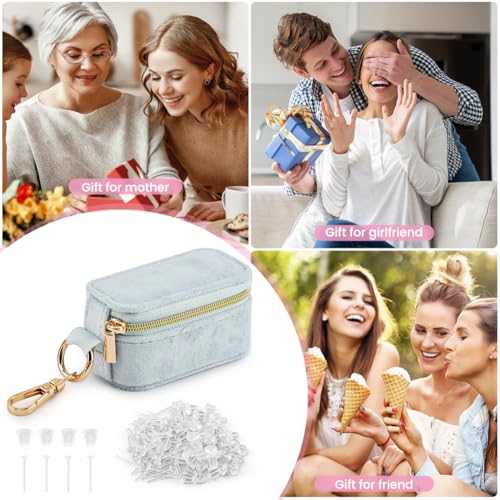 Velvet Mini Travel Jewelry Case, 2 in 1 Ring Holder Keychain + 50 Plastic Earrings, Portable Small Jewelry Organizer for Women, Travel/Gym/Wedding/Bridesmaid Gift - color: blue