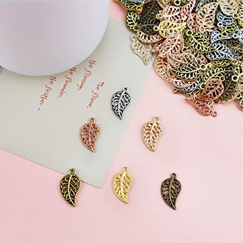 JIALEEY 210PCS Hollow Filigree Leaves Charms Pendants Craft Supplies for Necklace Bracelet Jewelry Making, Mixed 6 Color