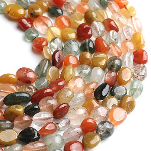 HAAMIIQII Natural Mixed Rutilated Quartz Pebble Stone 5-8mm Small Irregular Freeform Tumbled Loose Gemstone Beads for Jewelry Making Strand 15 Inch (45-50pcs) - color: Mixed Rutilated Quartz