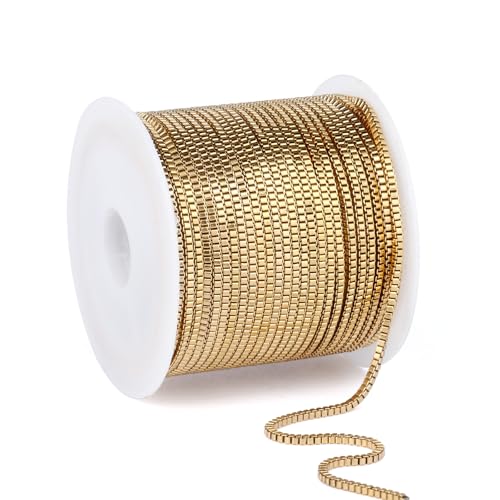 33FT 18K Gold PVD Plated Box Chains Roll, 1.5mm Gold Stainless Steel Box Chain Spool Bulk for DIY Jewelry Making Necklace Bracelet - color: gold, size: 1.5mm