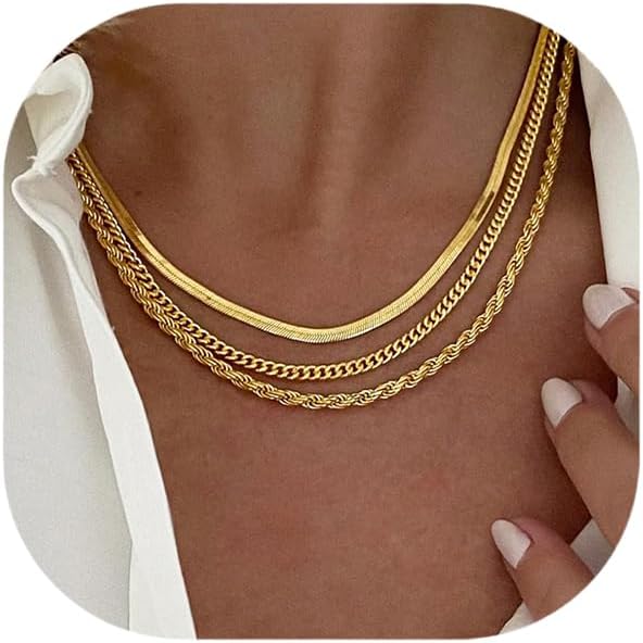 Gold Layered Necklaces for Women, 14K Gold Plated Dainty Gold Chain Choker Necklace Stack, Herringbone Gold Necklaces Set