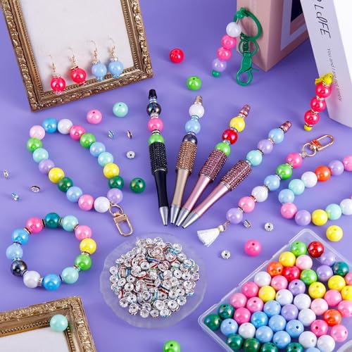 HUISUYTON 320 PCS Beads for Pens, 14 mm Focal Beads & 8 mm Rhinestone Spacers Bead, Fit for Beadable Pens Bracelets Keychains Jewelry Making, Rainbow Acrylic Bead, Christmas Gifts - color: 320 PCS 14mm Bubblegum Beads Set