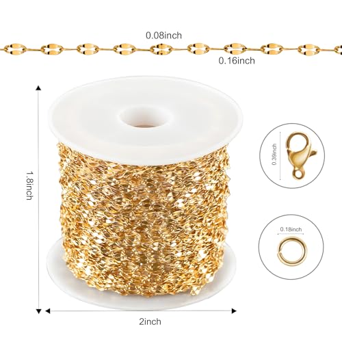 Kyutong 32.8 Feet Thin Stainless Steel Lip Chain Roll Gold Chain for Jewelry Making for Necklace Choker Bracelet DIY Jewelry Craft Supplies - color: Gold Lip