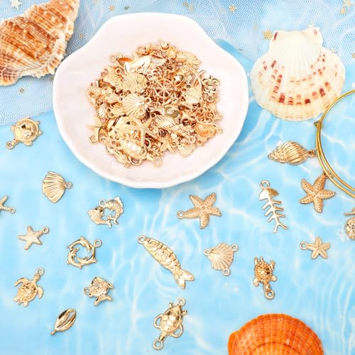 MARFOREVER 120 PCS Summer Beach Charms for Jewelry Making, Assorted KC Gold Ocean Life Sea Animal Charm Pendants Starfish Seashell Conch Charms for DIY Bracelet Necklace Earrings Making Crafting - style: Gold Sea