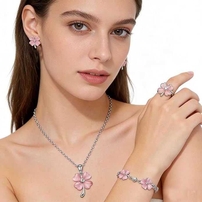 ONLYJUMP Four Leaf Clover Jewelry Set for Women Necklace Bracelet Earrings Ring Set Elegant Lucky Clover Design Cat Eye Stone Perfect Holiday Gift for St. Patrick's Day Valentine's Day Birthdays Daily Wear