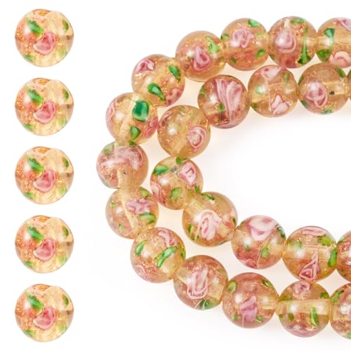 Cheriswelry 40Pcs/Strand Gold Sand Lampwork Beads Handmade Glass Round with Flower Loose Beads 10mm for Rosary Making Necklace Earring Jewelry Supplies(Gold) - color: Gold