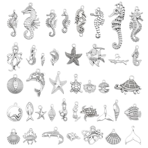 Julie Wang 90PCS Alloy Ocean Pendants Antique Silver Gold Tone Mermaid Tail Seahorses Shell Starfish Mixed Sea Charms for Necklace, Bracelet Summer Beach Jewelry Nautical Themed Craft Supplies - color: Antique Silver