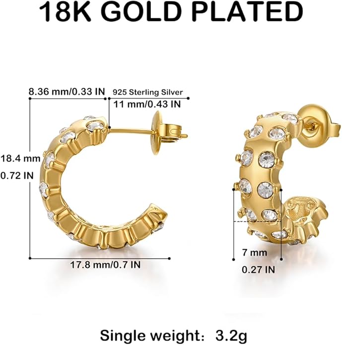 Gold Earrings for Women Girls,14K Gold Plated Hoop Earrings with 925 Sterling Silver Post Cubic Zirconia Stud Earring Huggie Hoops Earrings