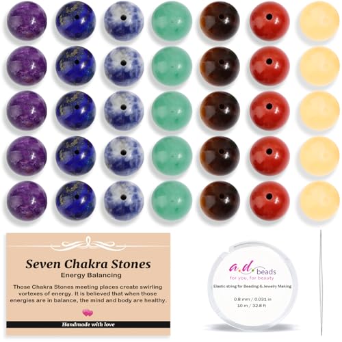 AD Beads 200pcs 4mm Natural 7 Chakra Beads Round Beads, Healing Energy Gemstone DIY Jewelry Kit with Elastic Cord and Needle - color: 7 Chakra Beads, size: 4mm-200pcs