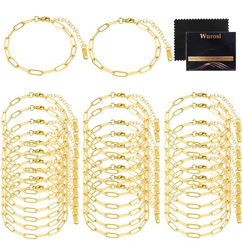 Wurosi 30PCS Paperclip Charm Bracelets Chain for Jewelry Making,6.3Inch 18K Gold Plated Bracelet Chain DIY Charm Bracelet Kit with Lobster Clasps(Gold) - color: Bracelets 30pcs Gold