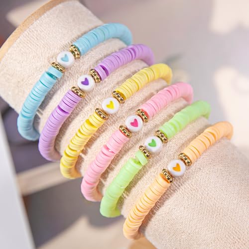 JIASHUYEYE Preppy Bracelets for Teen Girls - Stackable Boho Surfer Friendship Bracelets Set for Little Girls & Women - style: 6Pcs - Hearts C