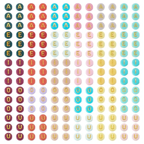 FASHEWELRY 500Pcs 7x3.5mm Flat Round Letter Beads Bulk Colorful Acrylic Beads with Golden Vowel Letter Bead Loose Spacer Alphabet Beads for Bracelets Earring Necklace Jewelry Making Supplies