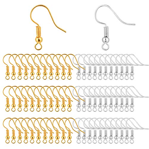 Bylion 400 Pieces Stainless Steel Earring Hooks, Fish Hooks Ear Wires French Wire Hooks, Coil and Ball Style Nickel-Free Ear Wires for Jewelry Making, Colors with Silver and Gold - color: Gold,Silver