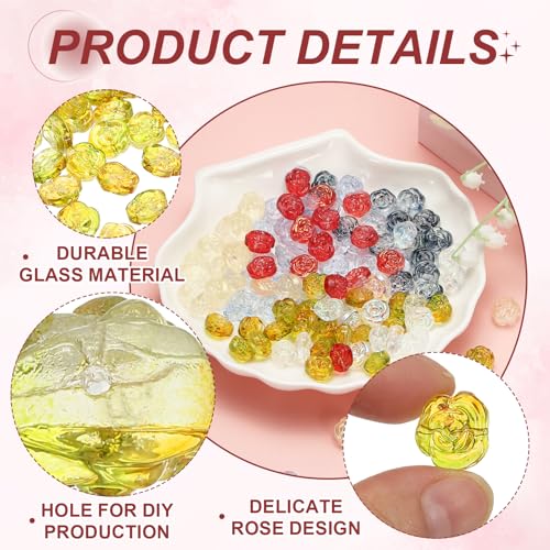uxcell 50 Pcs Rose Beads, 0.55" Glass Flower Rose Charm Carved Loose Spacer Crystal Craft Beads for DIY Jewelry Making Bracelet Beading Projects Supplies, Yellow - color: Yellow