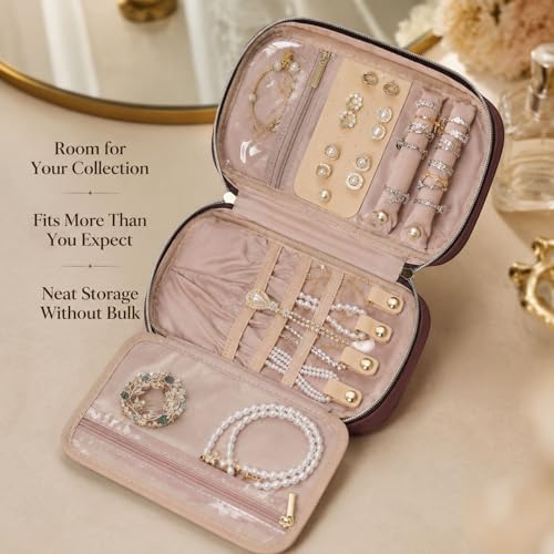 Jewelry Travel Case Organizer for Necklaces, Earrings, Rings, Bracelet, Watch, Soft Sided, Red Sandalwood - color: Rosewood Pink