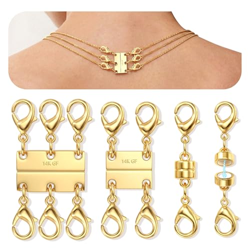 GEMQUEEN Magnetic Necklace Clasps and Closures with Double Lobster Clasp : 14K Gold Plated Magnet Jewelry Layering Clasps for Necklaces Multi Magnets Bracelet Helper Necklace Extenders 4PCS - color: 14K Gold Plated -4PCS