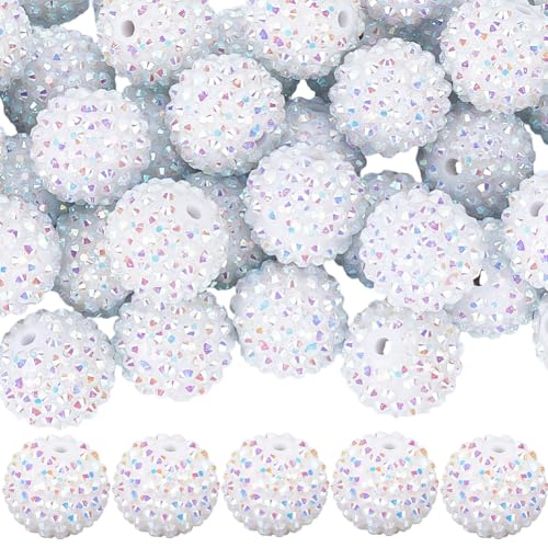 1 Box 50pcs 20mm White Rhinestone Round Beads Shiny Resin Rhinestone Sparkle Crystal Disco Ball Chunky Bubblegum Loose Spacer Bead Bulk for Jewelry Making Bracelet Necklace Diy Craft Supply - color: Ab Color, size: 20mm 50pcs