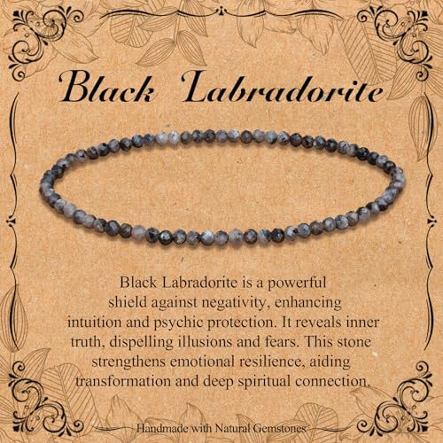 BONNY BOXX Natural Genuine Gemstone Faceted Round Beads Bracelets, 3mm Adjustable Stretchy Tiny Faceted Black Tourmaline Bracelet, Healing Crystal Reiki Chakra Dainty Jewelry Fashion Gifts - color: Black Labradorite