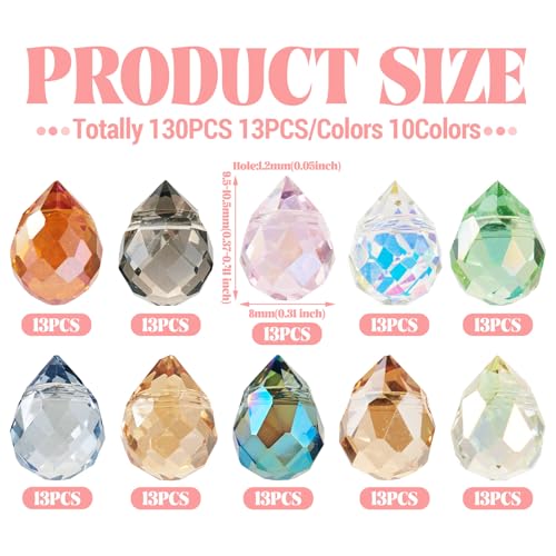 130Pcs Faceted Teardrop Glass Beads Electroplate Top Drilled Drop Spacer Beads Colorful Crystal Waterdrop Dangle Charms Chandelier Pendants for DIY Earring Bracelet Necklace Jewelry Making - color: Mixed Color-B