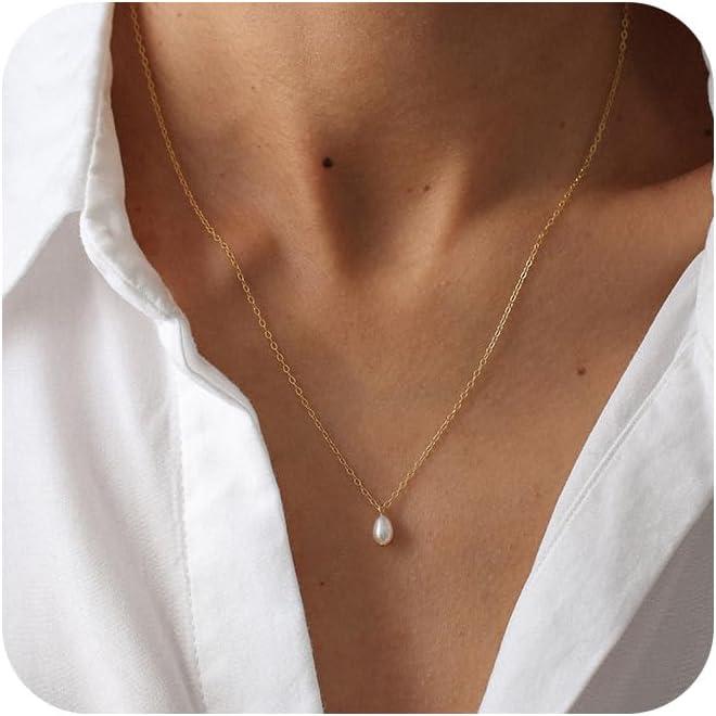 Pearl Necklaces for Women Trendy, 14k Gold Plated Dainty Necklace Simple Pearl Drop Single Charm Pendant Necklace Birthday Wedding Gifts Gold Jewelry for Women