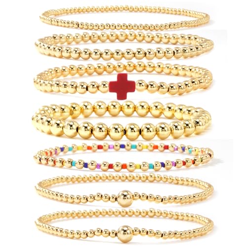14K Gold Beaded Cross Beaded Bracelet Stack Set for Women,7PCS Bohemian Colorful Beads Ball Stretch Stackable Bracelets Trendy Holiday Birthday Gift - color: Red