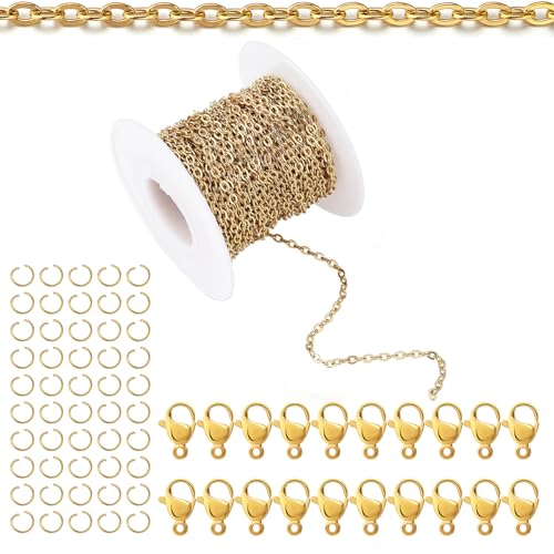 33Feet 18K Gold Stainless Steel Necklace Chains Cable Link Chains for Jewelry Making DIY Craft Kit with Lobster Clasps Jump Rings - color: 33Feet-Gold, size: 2.0mm