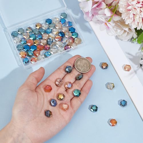 PH PandaHall 70pcs 7 Colors Faceted Beads, 12mm Flat Hexagon Crystal Beads Electroplate Glass Bead AB Color Craft Spacer Loose Bead for DIY Jewelry Bracelet Necklace Earring Crafting