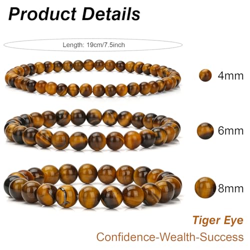 3Pcs Natural Healing Crystal Bracelets for Women Men, 4mm 6mm 8mm Beaded Stretch Bracelet Set, Black Tourmaline Natural Stone Gemstone Jewelry Gifts for Meditation, Reiki & Yoga - color: Tigers Eye