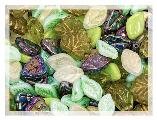 1.4oz (40g) Summer Mix of Small Czech Glass Leaf Beads, Hand Made Set Kit, Leaves 01 - color: Leaf Beads Mix