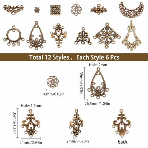 SUNNYCLUE 1 Box 72Pcs 12 Styles Filigree Connector Charms Flower Alloy Hollow Links Teardrop Square Oval Moon Shape Filigree Metal Embellishments for Crafts Supplies, Antique Bronze - color: 72pcs 12 Styles