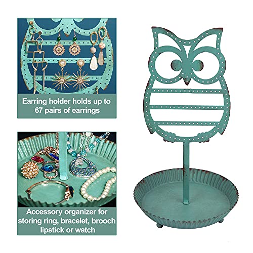 NIKKY HOME Earring Holder Stand Hanging Organizer Metal Jewelry Tree Cute Owl Ear Stud Holder Table Top Tower Rack with Ring Tray for Women Girls (134 Holes), Teal - color: Teal
