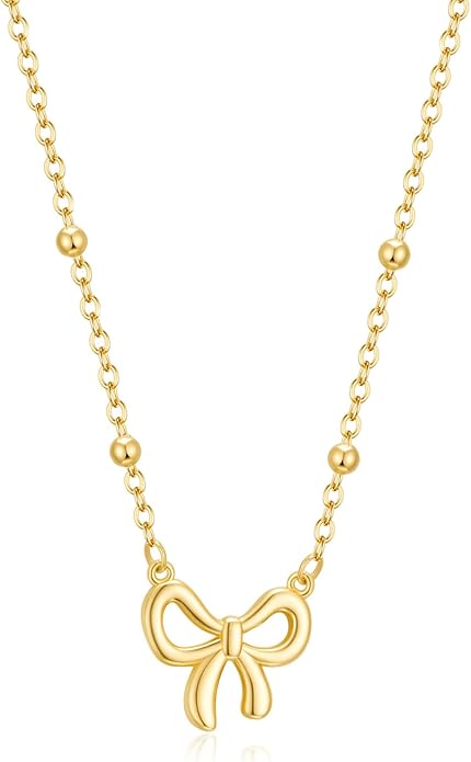 Valentines Day Gifts for Her - Dainty Bow Necklace for Women 14K Gold Plated Cute Choker Small Pendant Charm Necklaces Teen Gift Trendy Stuff Personalized Jewelry