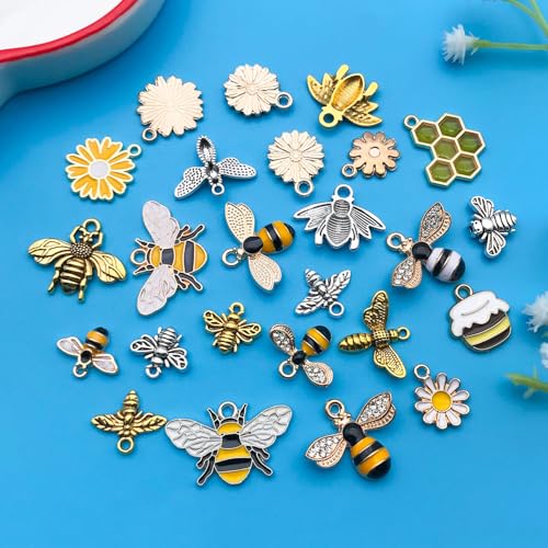 Youdiyla 50pcs Alloy Antique Silver Enamel Bee Daisy Set Pendant Jewelry Making DIY Keychain Earrings Pendant Various Design Charms for Jewelry Making Bracelets Necklace (SN1009) - color: SN1009