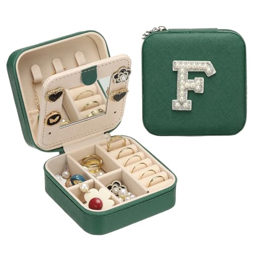 PATIKIL Travel Jewelry Case,F Initial Small Travel Jewelry Box Organizer Rings Earrings Storage Case Personalized Gifts for Women Girls Birthday Christmas Bridesmaid Gifts,Dark Green - style: F