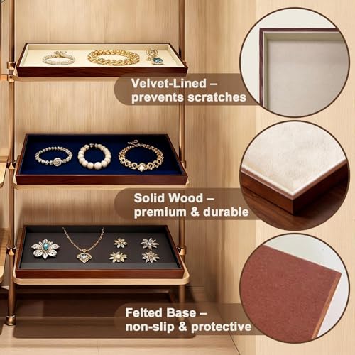 Large Solid Wood Jewelry Watch Tray, Velvet Jewelry Board Display Trays for Key Wallet Ring，Stackable Wooden Jewelry Drawer Organizer Showcase Jewelry Holder(Grey) - color: Gray