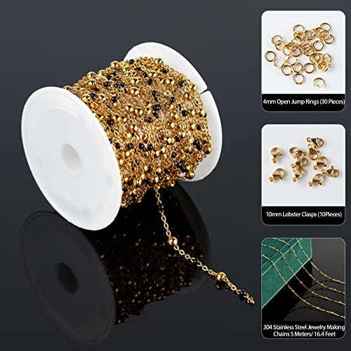 UMAOKANG 16.4 Feet Gold Chain for Jewelry Making Golden Black Ball Bead Link Chain Roll Necklace Anklet DIY Jewelry Supplies with Lobster Clasps and Jump Rings Bulk - color: Gold Black Bead