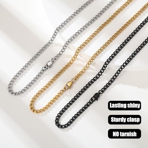 3 Pcs Cuban Link Chain Necklace for men, 4mm Stainless Steel Silver Black and 18K Gold Plated Chains Necklace men Women, 18"/22"/26"/30 Inches - size: 22 Inches