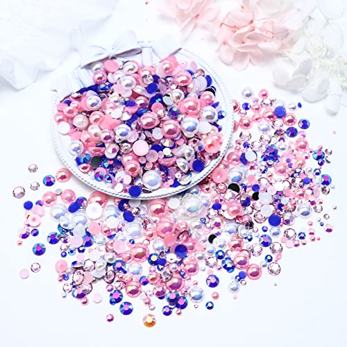 60g Mix Rhinestones and Pearls, 2mm-10mm Flatback Jelly Rhinestones and Half Pearls for Crafts Tumblers Shoes Nails Face Art, with Picker Pen, Blue|White|Pink - color: Ice Princess Blend | Mix Blue | White | Pink