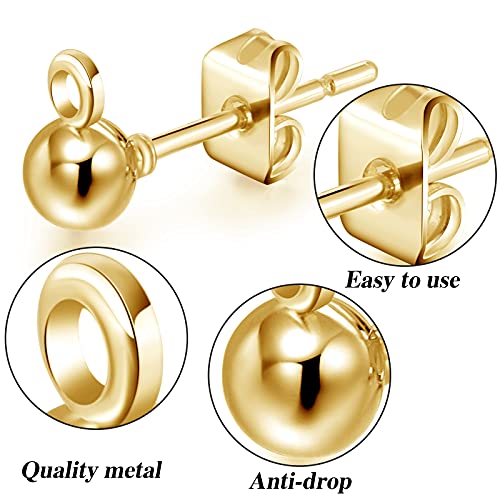 180 Pieces Ball Post Earring Stud with 200 Pieces Butterfly Back Earrings with Loop for DIY Jewelry Making Findings, 4 mm 5 mm 6 mm(Gold) - color: Gold