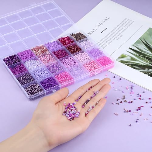 ZHIYUXI 7500Pcs Purple Glass Seed Beads Kit for Jewelry Making with Bugle Tube Bead 24 Colors Waist Embroidery Beads for DIY Bracelet Necklace Making Craft Beading Kit - color: G-Purple